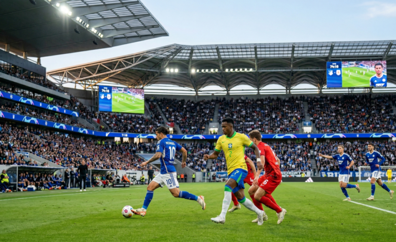 Fotografia realista de um estádio de futebol moderno e lotado durante um lance de ataque, destacando um jogador com o uniforme amarelo e azul da Seleção Brasileira em primeiro plano, cercado por adversários, sob iluminação profissional de refletores.