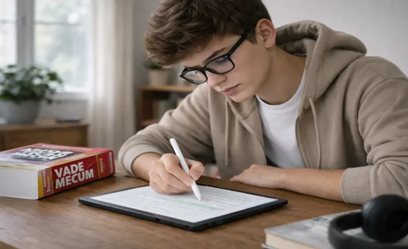Jovem estudante de Direito utilizando tablet s6 lite com caneta digital s pen para fazer anotações em PDF, com livro Vade Mecum sobre a mesa, em ambiente doméstico organizado