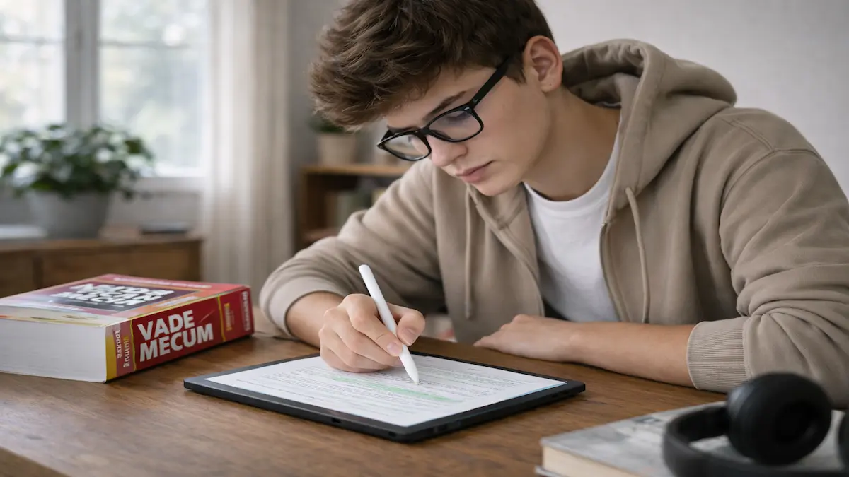 Jovem estudante de Direito utilizando tablet s6 lite com caneta digital s pen para fazer anotações em PDF, com livro Vade Mecum sobre a mesa, em ambiente doméstico organizado
