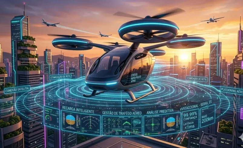 Veículo elétrico de decolagem vertical voando sobre uma cidade moderna.