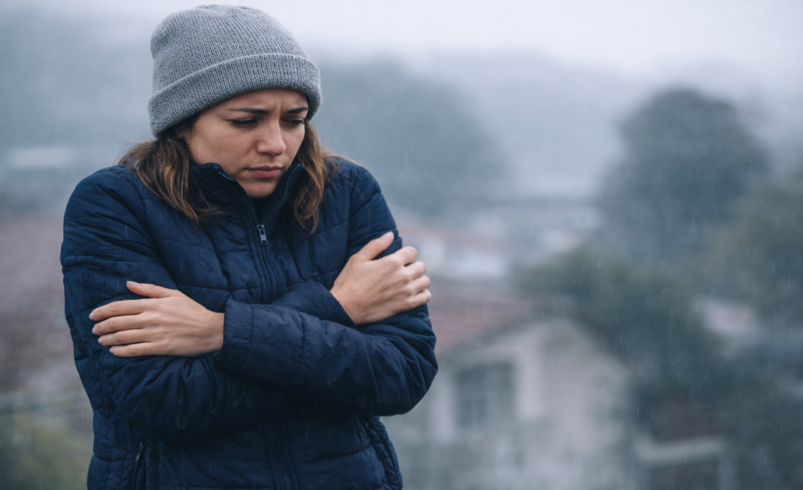 Pessoa sentindo frio em dia úmido