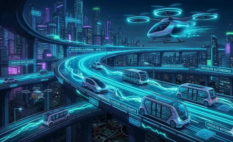 Cidade futurista com veículos autônomos conectados por redes de inteligência artificial.