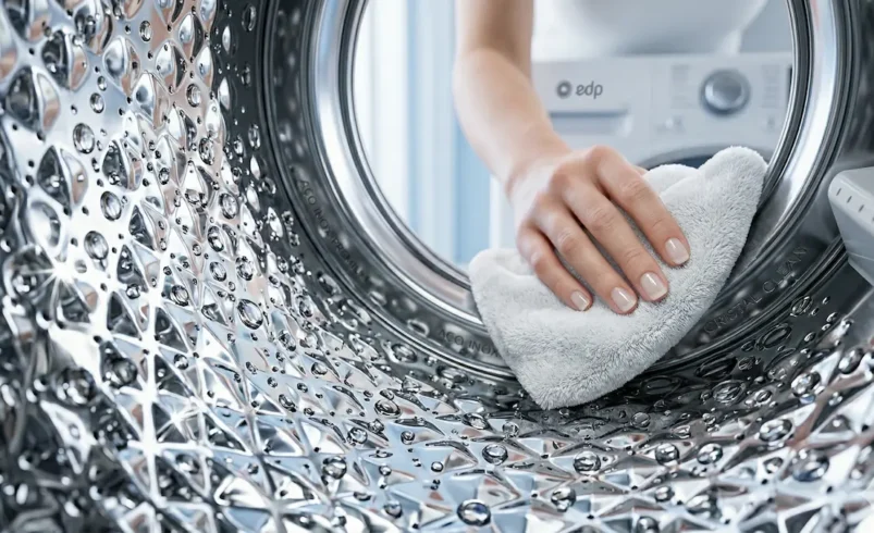 Interior de um tambor de máquina de lavar roupas higienizado e brilhante.