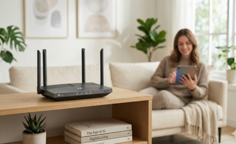 Roteador Wi-Fi moderno posicionado no alto de uma prateleira em sala iluminada para melhor distribuição de sinal.