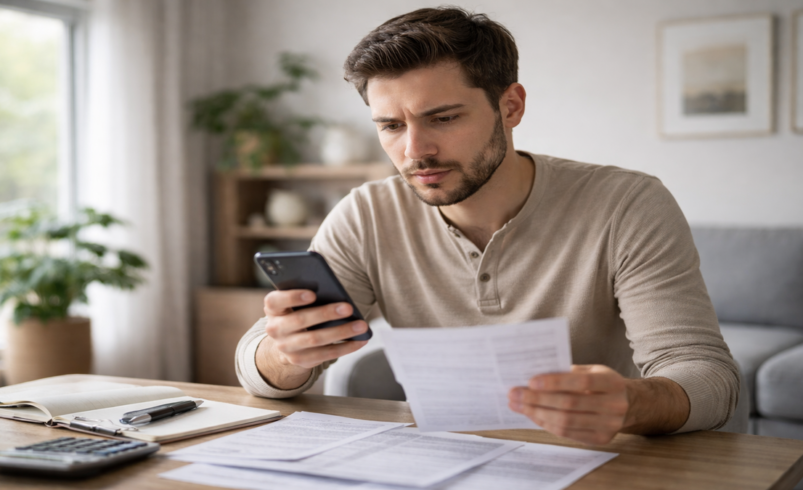 Homem adulto em ambiente doméstico olhando fatura e celular com expressão de preocupação leve, analisando gastos financeiros com luz natural suave