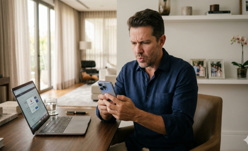 Fotografia realista de um homem adulto em um escritório doméstico de luxo, com expressão de alerta e dúvida enquanto olha para o smartphone. À sua frente, um notebook aberto exibe uma tela de aviso, sob iluminação natural suave vinda de grandes janelas ao fundo. O ambiente é sofisticado, com cores neutras e decoração clean.