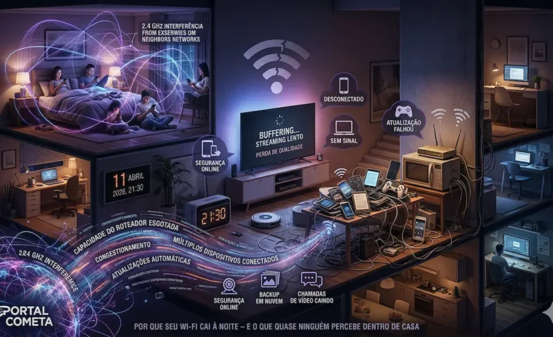 Ilustração complexa de uma casa à noite com múltiplos cômodos, mostrando interferência excessiva de Wi-Fi e congestionamento de rede entre TVs, celulares e notebooks, com ícones de carregando e sinais fracos, em estilo tech-noir.