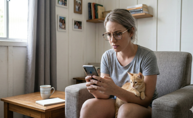 Fotografia realista de uma mulher branca com óculos de grau, sentada em uma poltrona cinza em uma sala iluminada por luz natural. Ela segura um smartphone e apresenta uma expressão de preocupação e dúvida, enquanto um gatinho de pelos dourados repousa em seu colo. O cenário é doméstico, simples e organizado.