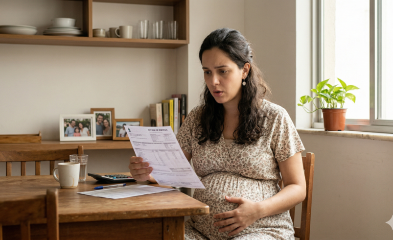 Fotografia realista de uma mulher jovem gestante sentada à mesa de uma sala organizada, olhando para uma conta de energia com expressão de surpresa. O ambiente é iluminado por luz natural vinda de uma janela lateral.