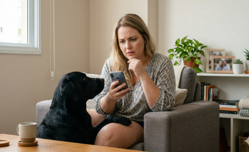 Fotografia realista de uma mulher loira com olhos azuis e expressão de preocupação leve, sentada num sofá e olhando para o ecrã de um smartphone. Ao seu lado, um cão labrador preto observa a cena. O ambiente é uma sala de estar simples, organizada e iluminada por luz natural suave.