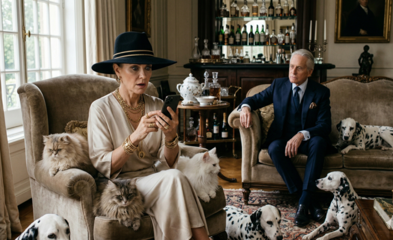Fotografia realista de uma mulher elegante com chapéu preto e muitas joias douradas, sentada em uma poltrona de uma mansão luxuosa. Ela olha para o celular com expressão de surpresa e choque. Ao redor, gatos persas e cães dálmatas compõem a cena. Ao fundo, um senhor distinto de terno observa a situação, próximo a um bar de bebidas clássico.