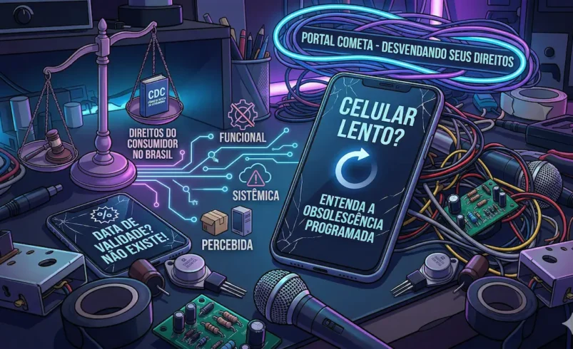 Smartphone moderno com tela trincada e ícone de carregando infinito cercado por peças eletrônicas antigas em estilo tech-noir, ilustrando a obsolescência programada.