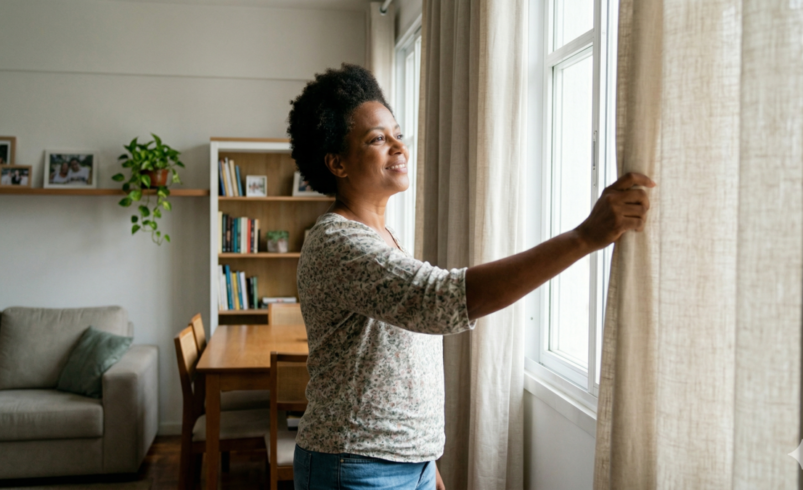 Mulher adulta com expressão tranquila abrindo cortinas claras em uma sala organizada para permitir a entrada de luz solar, simbolizando hábitos de economia de energia e bem-estar doméstico. Estilo fotográfico realista com iluminação suave.