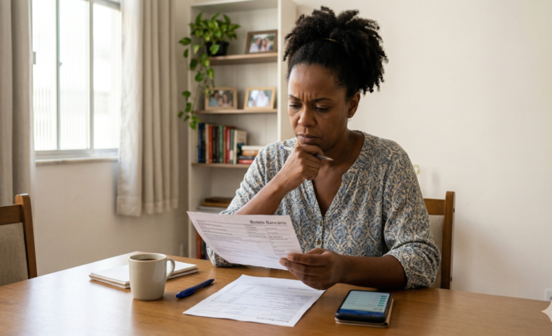 Fotografia realista de uma mulher negra sentada à mesa em um ambiente doméstico organizado, com expressão de dúvida e atenção enquanto analisa um boleto bancário impresso. Sobre a mesa, há um smartphone com tela de aplicativo financeiro, uma caneta e uma xícara de café, sob iluminação natural suave.