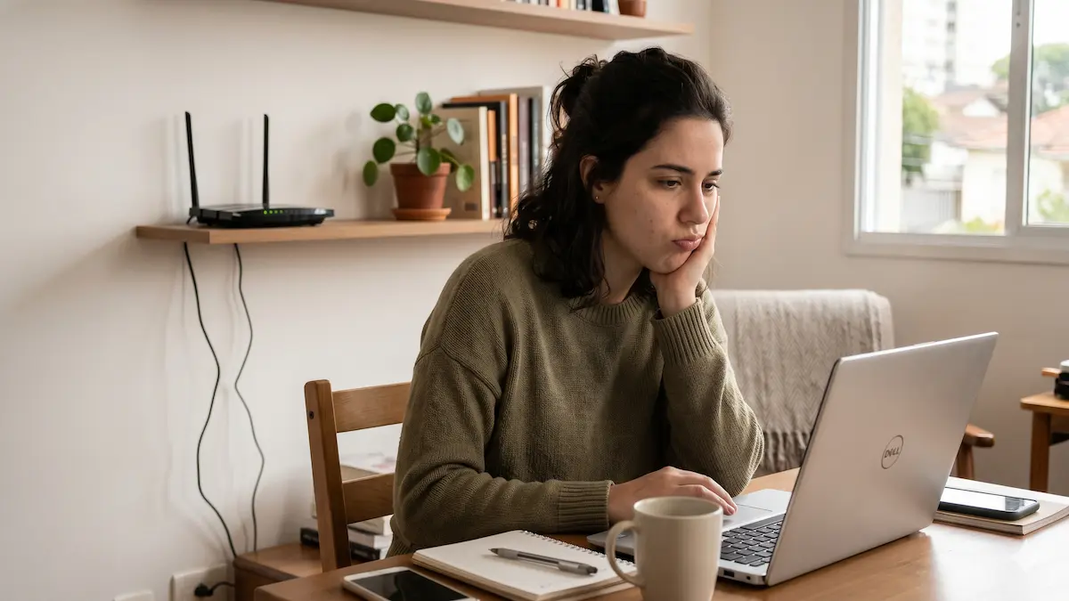 Mulher jovem em ambiente doméstico organizado, sentada à mesa com notebook, expressando leve frustração. Ao fundo, um roteador Wi-Fi em uma prateleira e luz natural entrando pela janela.