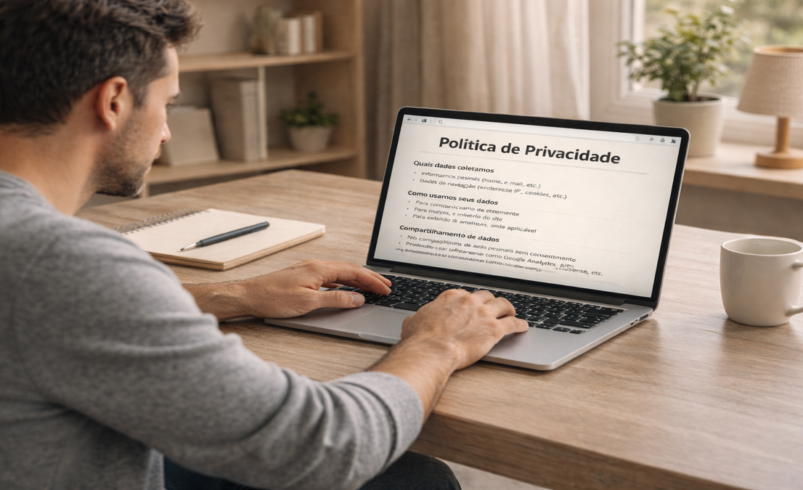Homem adulto usando notebook em ambiente simples, analisando documento de política de privacidade em tela, com luz natural suave e cenário doméstico organizado