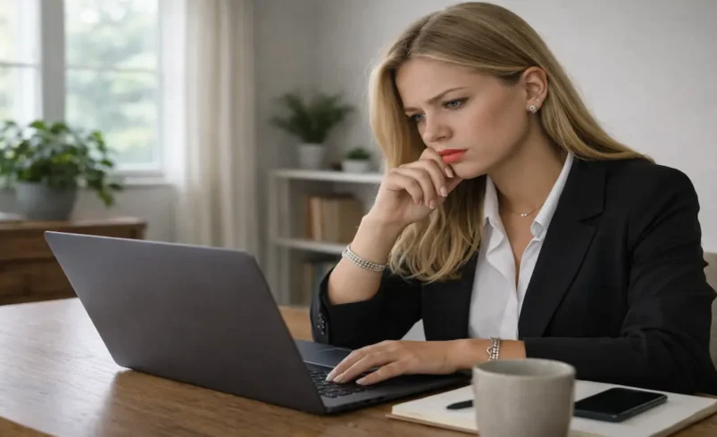 Jovem usando notebook em ambiente doméstico com expressão pensativa, analisando informações online, representando atenção à privacidade digital e uso de dados pessoais