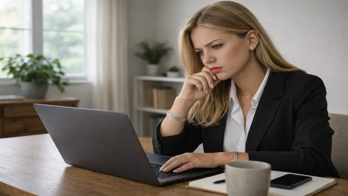 Jovem usando notebook em ambiente doméstico com expressão pensativa, analisando informações online, representando atenção à privacidade digital e uso de dados pessoais