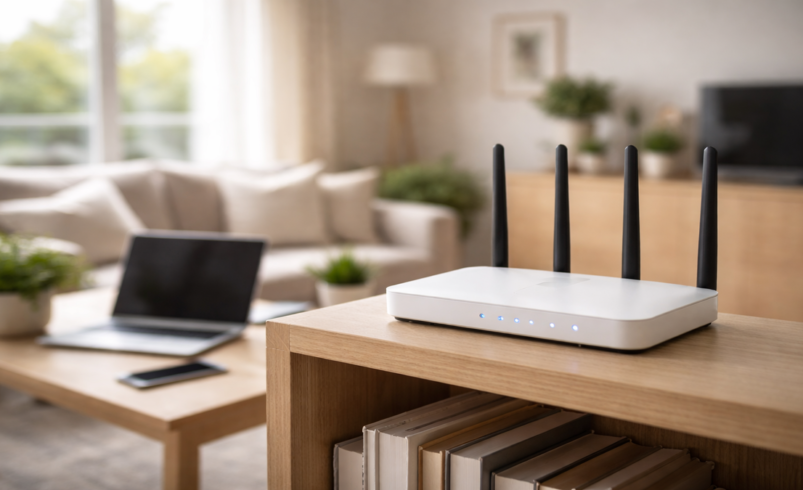 Roteador Wi-Fi posicionado em local elevado em ambiente doméstico moderno com notebook ao fundo e luz natural entrando pela janela internet