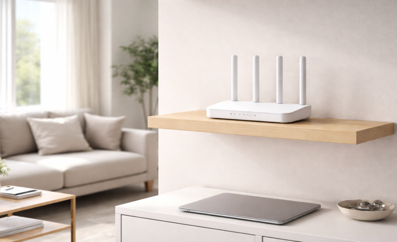 Roteador Wi-Fi posicionado em local alto e central da casa para melhor distribuição de sinal
