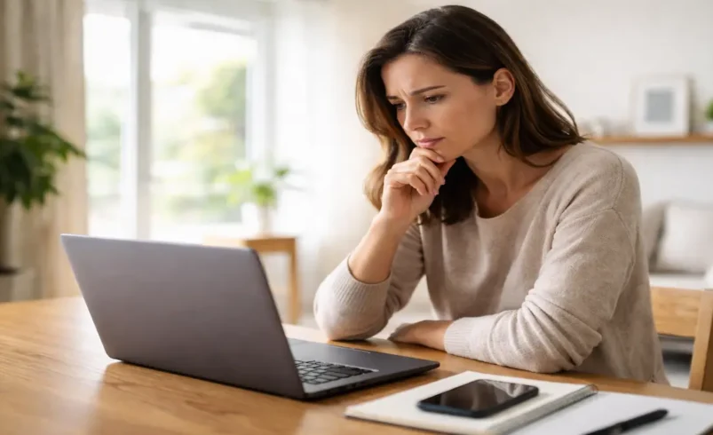 Pessoa olhando para notebook com expressão de dúvida ao acessar site, em ambiente doméstico iluminado